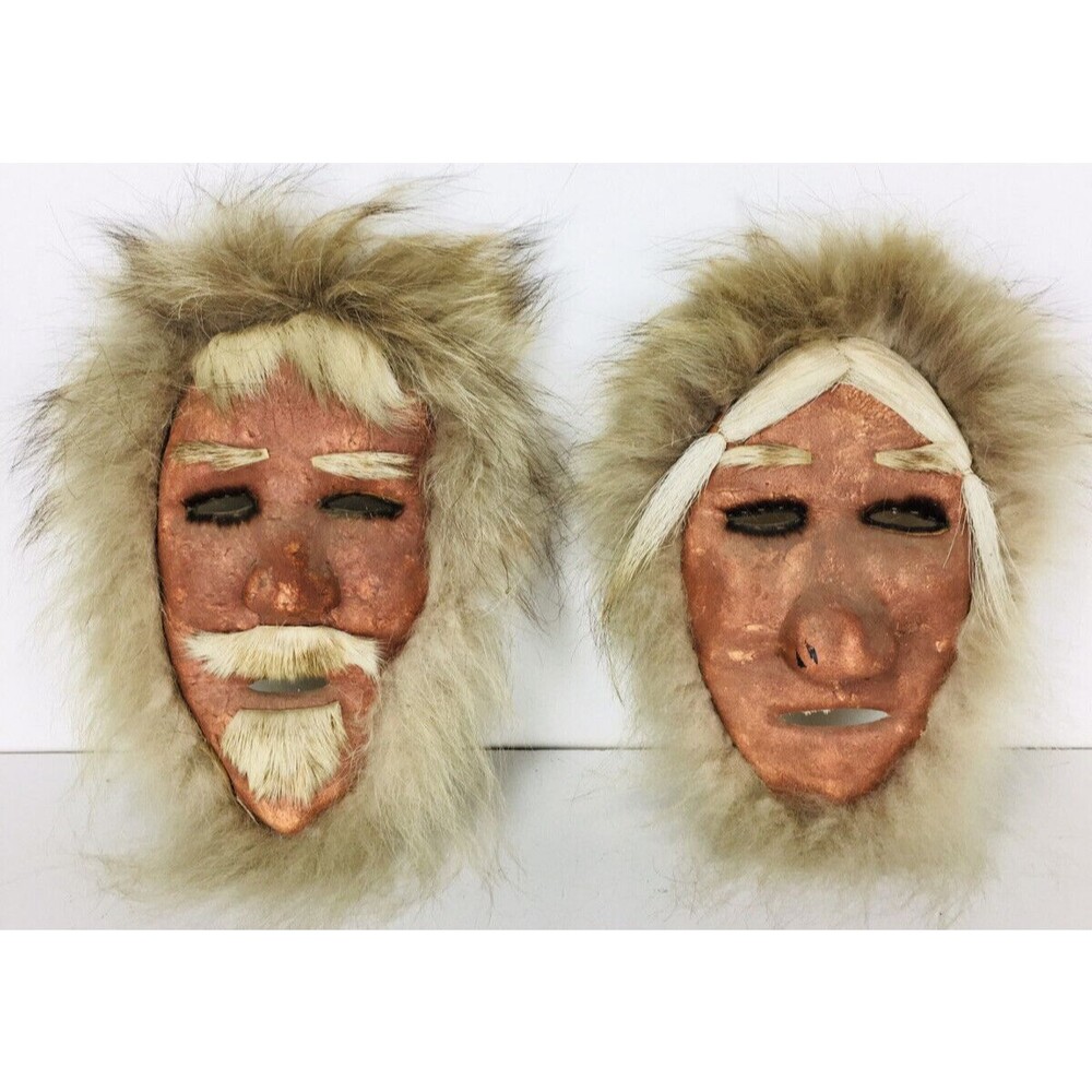 Vintage Folk Art Alaskan Caribou Skin Fur Mask Eskimo Inuit Man & Woman Couple
